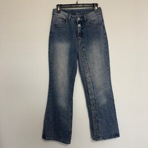 Classic Blue Flare Jeans with Button Detail